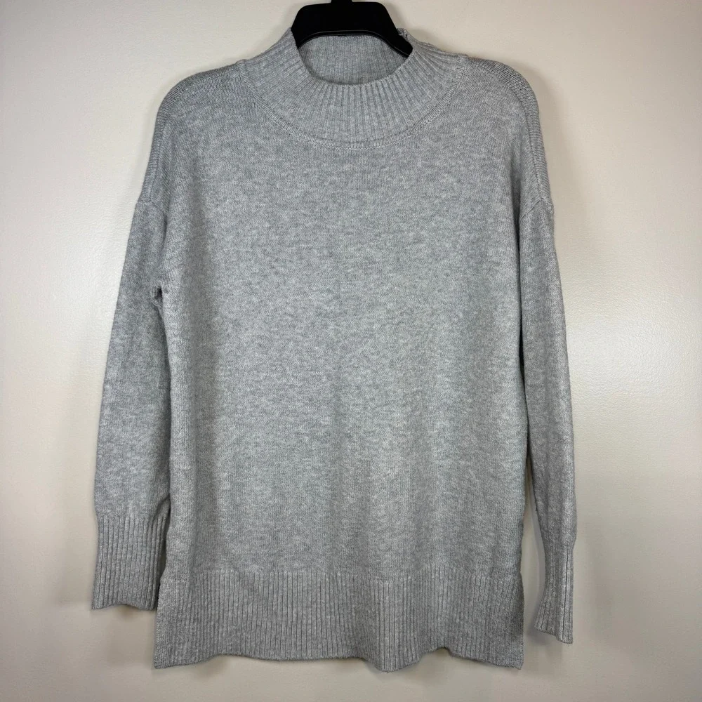 Loft Knit Sweater Womens S Gray Mock Neck Long Sleeve Cotton Blend Minimalist